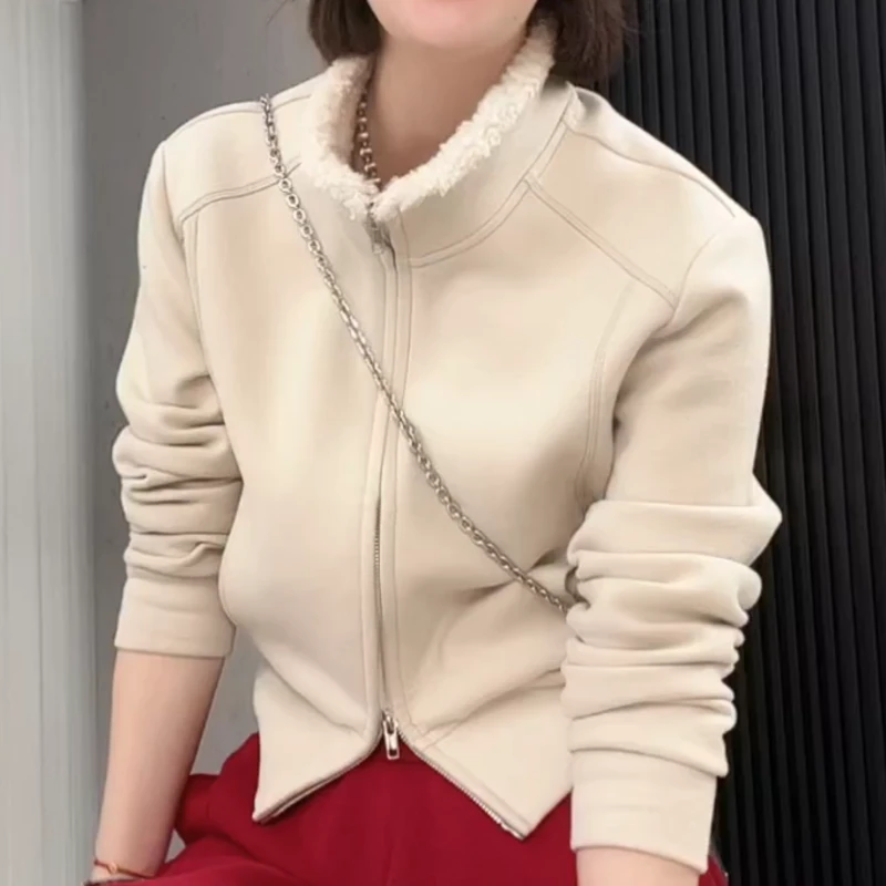 新款洋气百搭保暖短款上衣双拉链立领卫衣LK2508429
