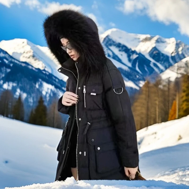 2024新式中长款气质真毛领字母羽绒服外套