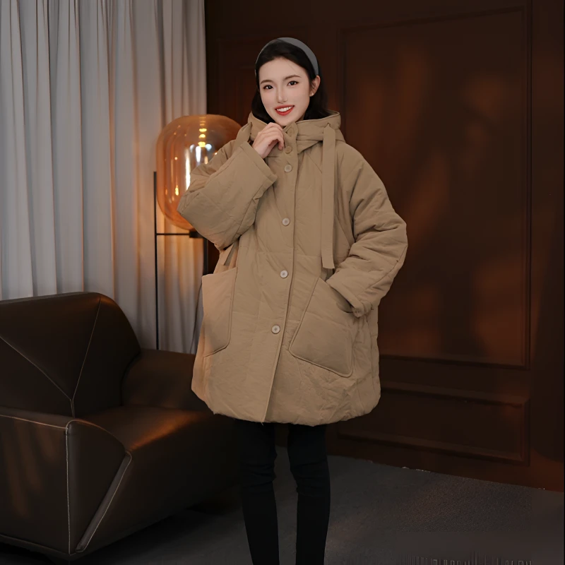 秋冬新款韩系设计感女款棉服中长时尚百搭文艺连帽款保暖宽松休闲