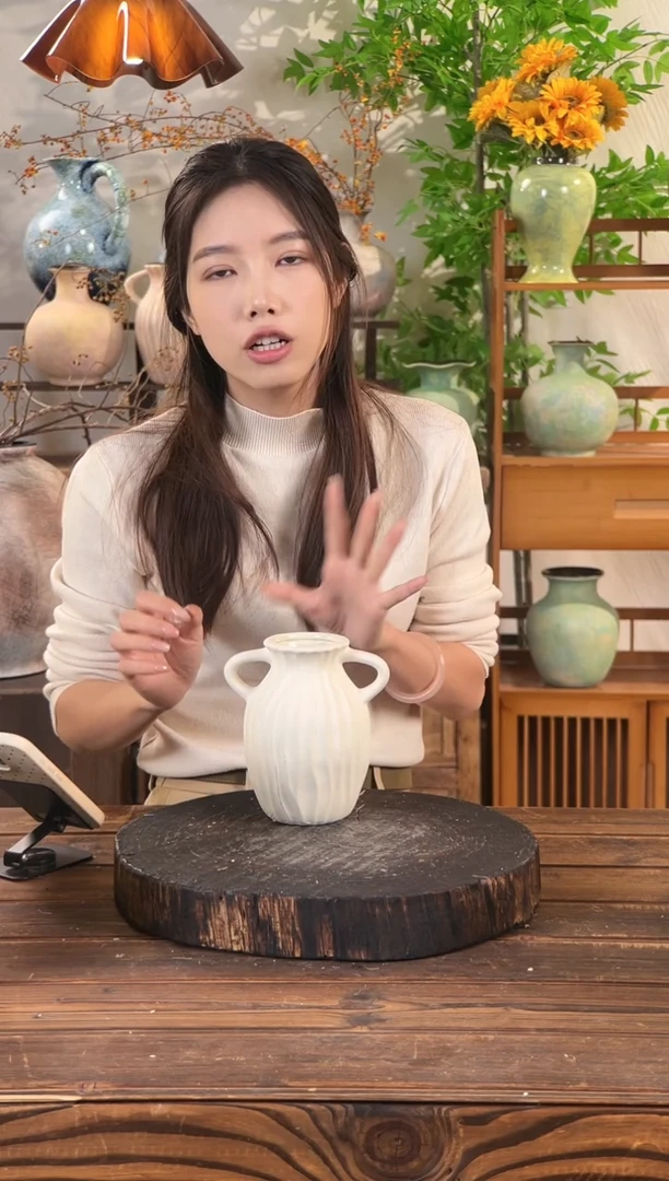 【双耳迷你】素色北欧现代简约竖纹陶瓷花瓶鲜花花器