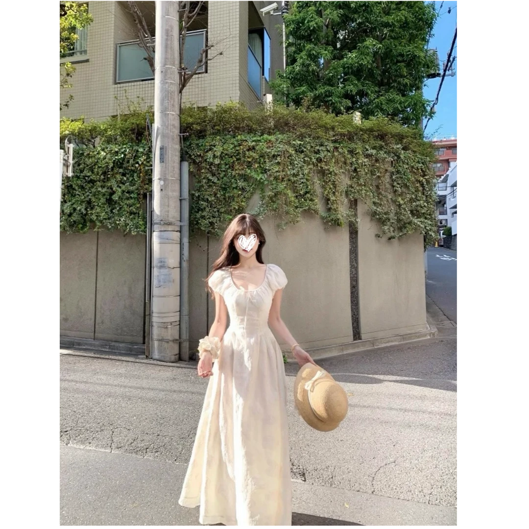 【丁香茉莉】法式气质泡泡袖收腰方领连衣裙女初恋A字裙长裙子21210