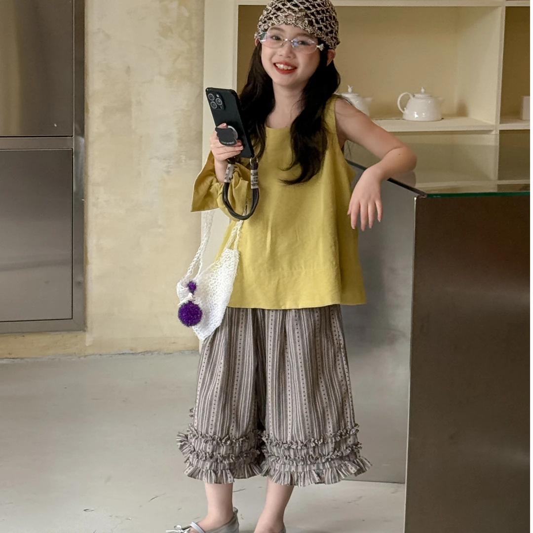 女童七分裤韩版夏季新款女孩荷叶边直筒裤儿童薄款休闲裤百搭裤