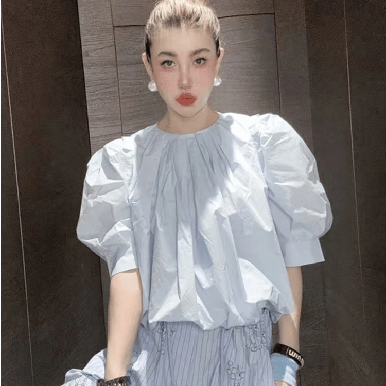 夏季设计感小众不撞款高端欧货洋气圆领褶皱泡泡袖蓝色短袖衬衫女