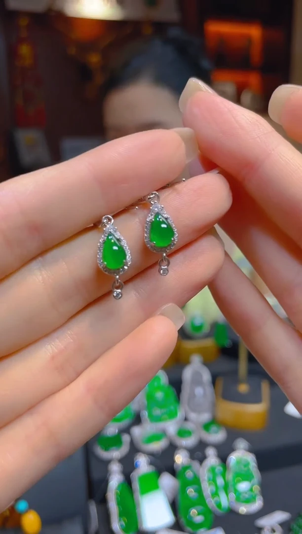翡翠银S925镶嵌耳饰天然A货翡翠/86709