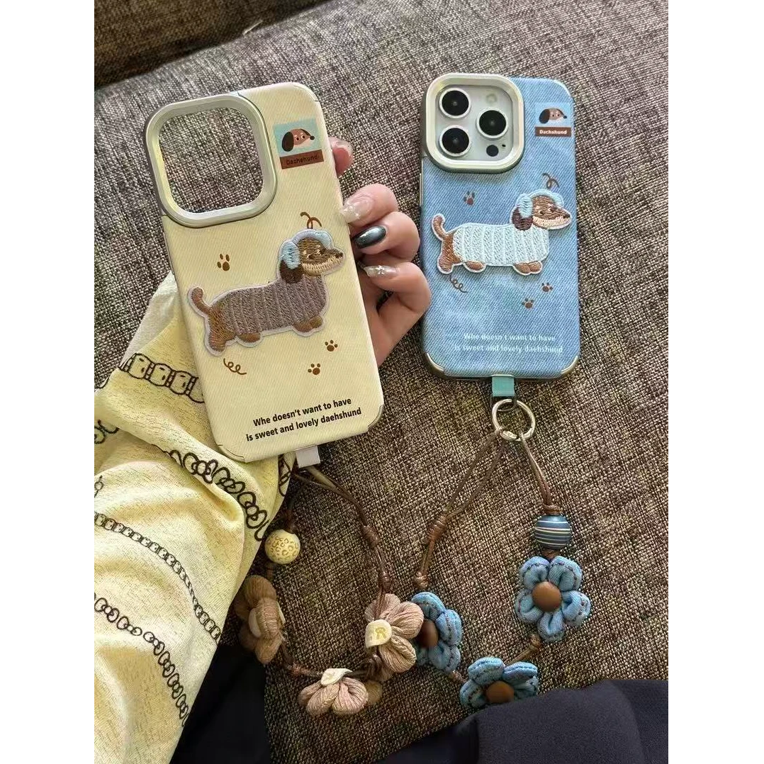 诚星泽牛仔纹刺绣狗狗适用苹果16PROMAX手机壳iPhone15/14/13新款