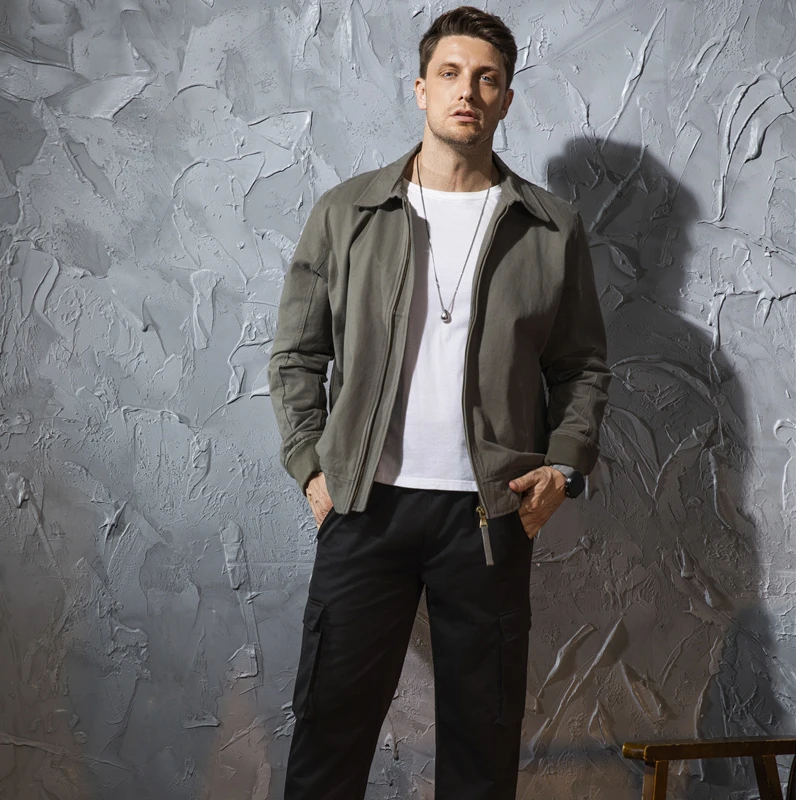 美式商务休闲青年翻领厚实夹克外套男 户外工装水洗纯色百搭上衣