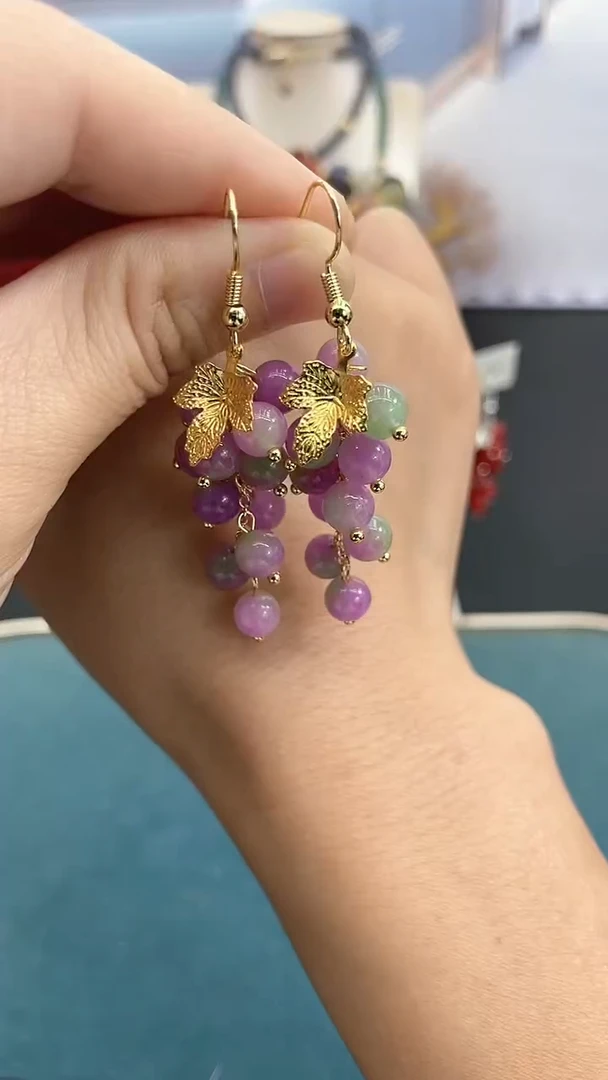 14K金镶嵌翡翠耳饰6mm春彩葡萄