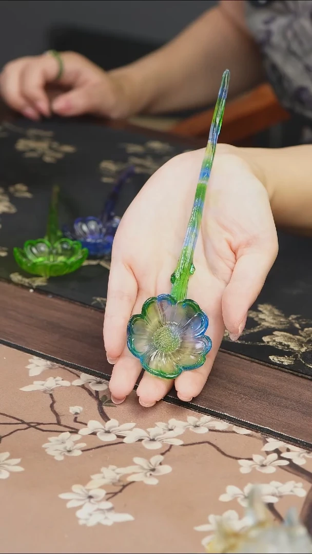 手工艺品琉璃蓝绿色梅花茶匙
