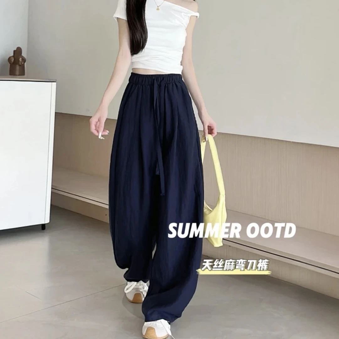 【莱赛尔天丝+亚麻】阔腿裤女2025夏季亚麻薄款宽松冰丝弯刀裤