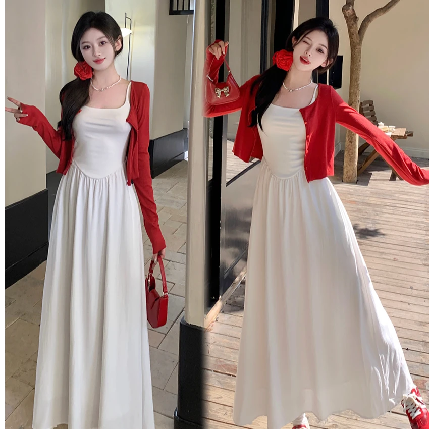 春季新款胖mm显瘦吊带裙+针织开衫两件套