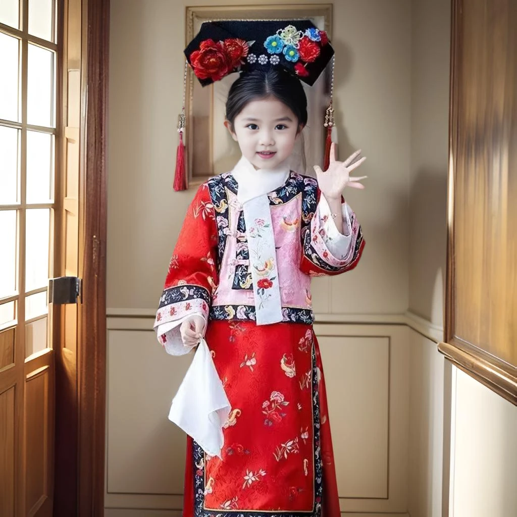 新款儿童春秋季格格清朝宫廷服国风印花女童汉服古装旗袍套