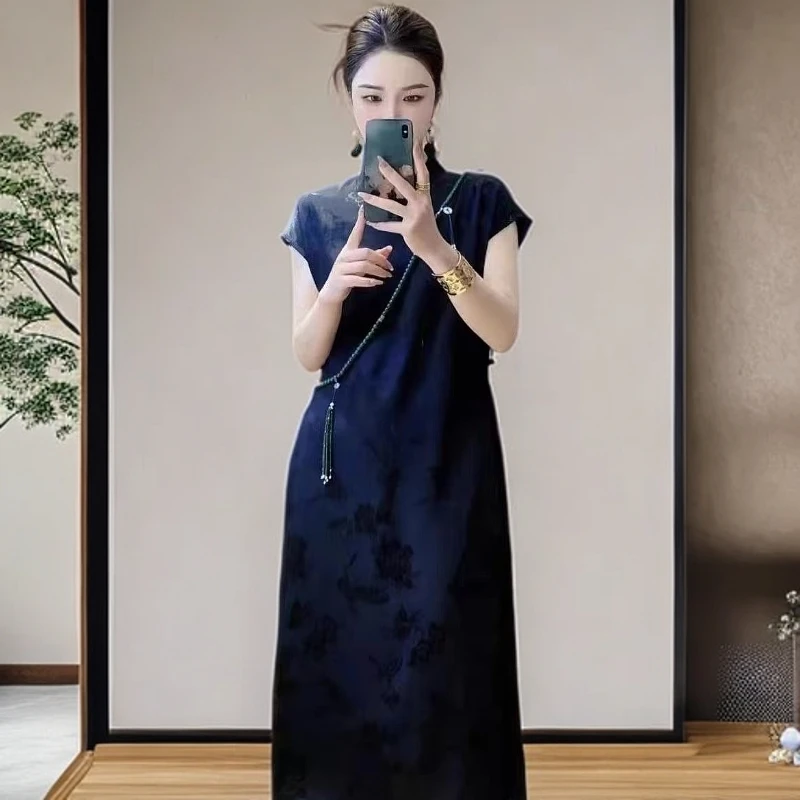 欧洲站.新中式复古国风御姐风显瘦垂感黑色连衣裙子夏季