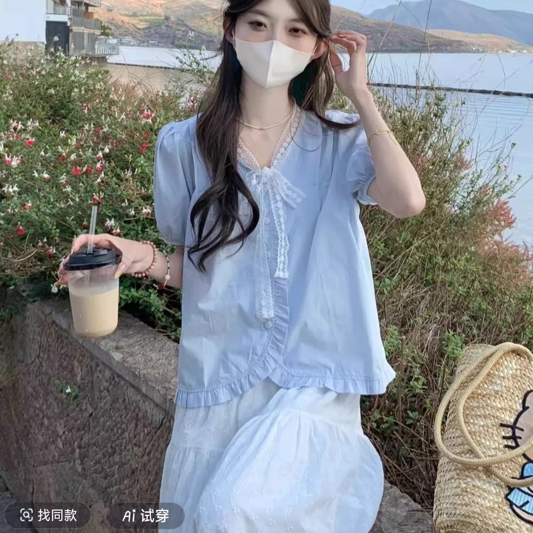 蓝色短袖上衣女夏日多巴胺休闲小仙女法式独特娃娃衫泡泡袖衬衫女