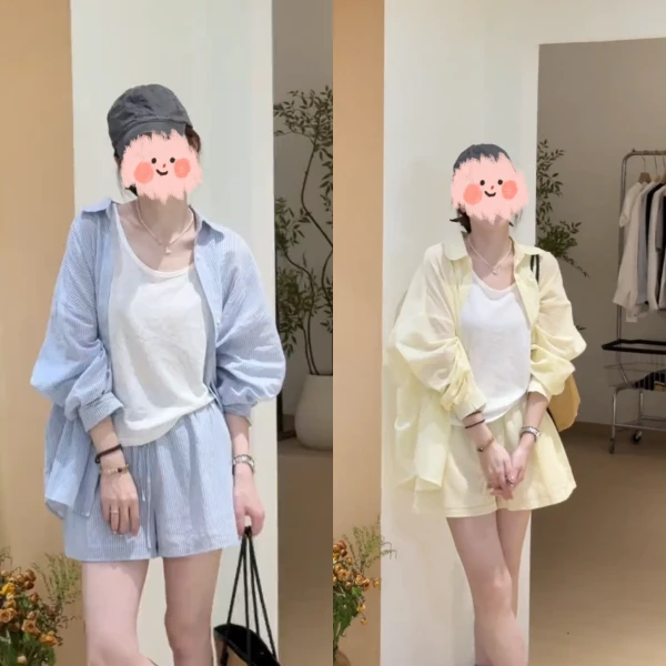 洋气时尚三件套防晒衬衫套装女休闲慵懒风纯色背心短裤2025夏季薄