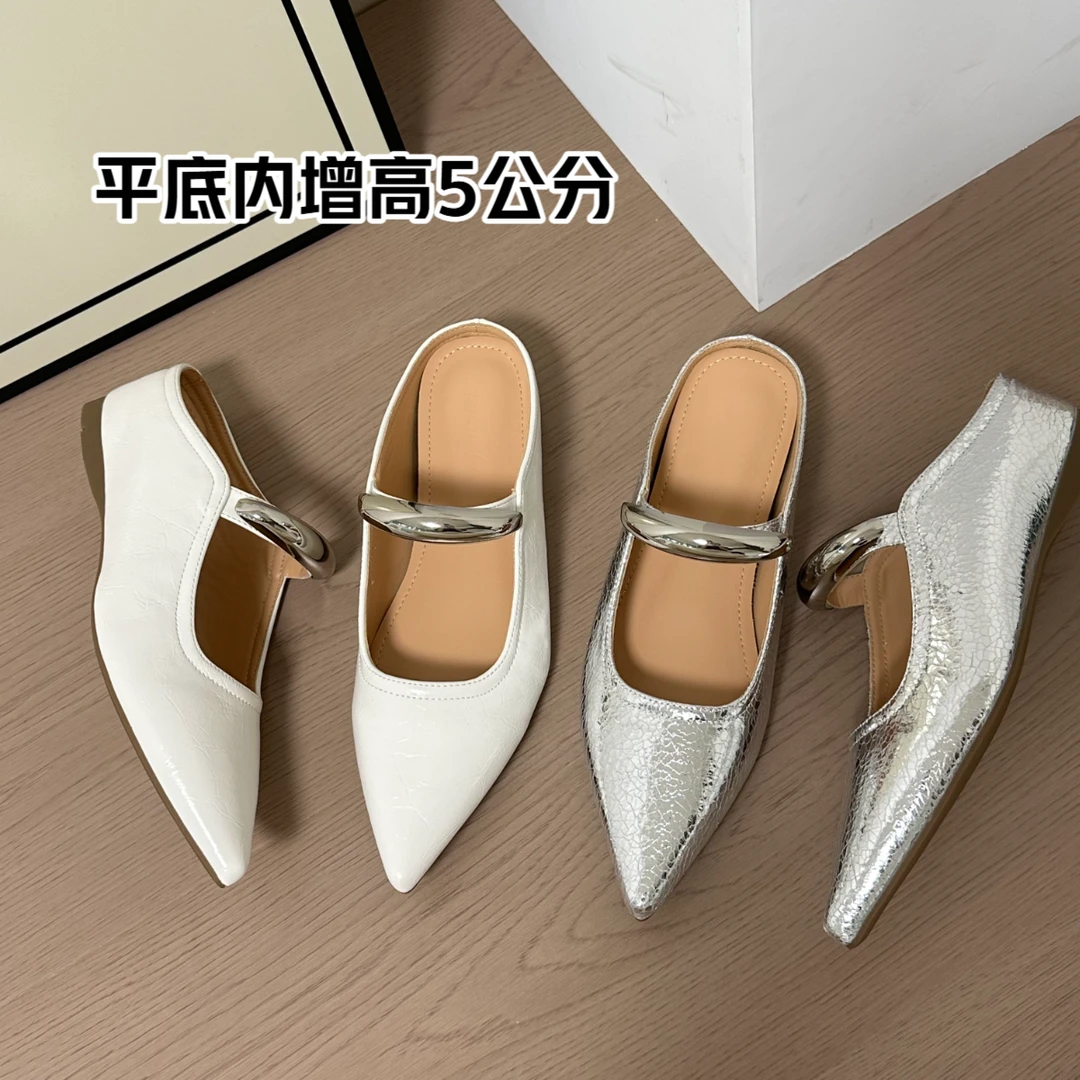 增高5公分~法式气质尖头外穿包头半托鞋女夏季粗跟平底浅口凉鞋