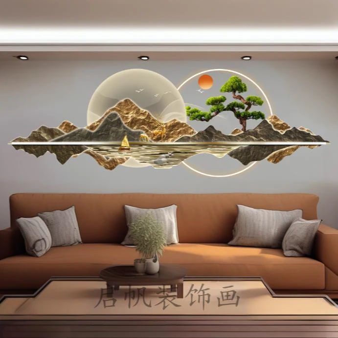 26年新中式迎客松背靠金山沙发客厅装饰画书房茶室背景墙壁画挂画