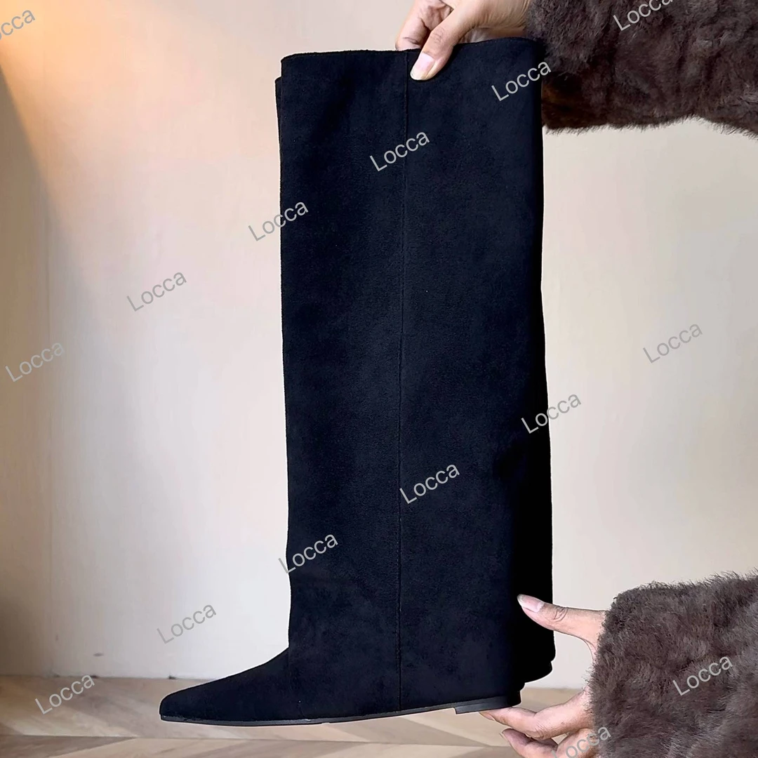 欧美风尖头褶皱坡跟时装靴2025年秋冬必备新款DX