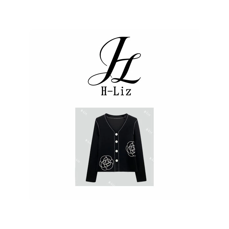 【H-Liz】68218#轻奢V领明线山茶花长袖T恤衫2025百搭显瘦潮流上衣