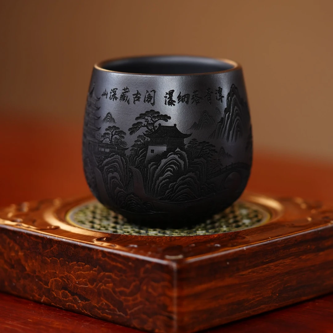 宜兴原矿石黄山水手工刻藏古阁高端精美紫砂主人杯