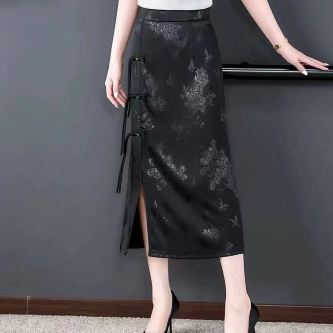 242复古盘扣半身裙开叉包臀裙高贵提花裙子
