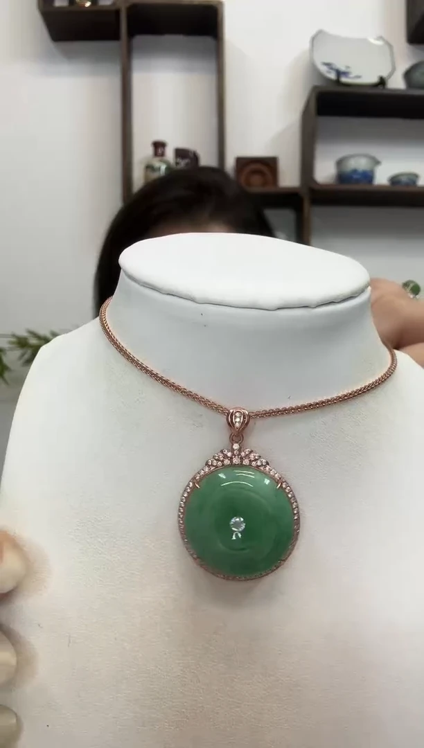 吊坠(赠链)银S925镶嵌翡翠平安扣玫瑰银边