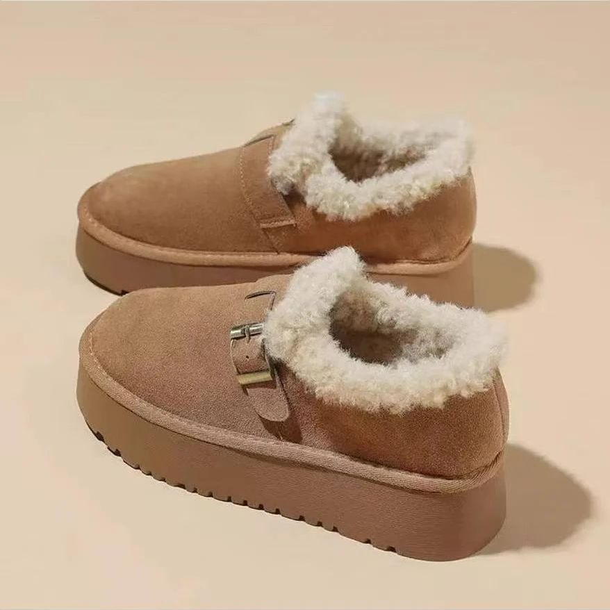 厚底百搭加绒松糕底板鞋2024冬季时尚女鞋魔术贴休闲外穿毛毛鞋子