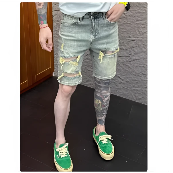 破洞牛仔裤男做旧乞丐裤潮牌修身小直筒春夏季刮烂弹力五分裤短裤