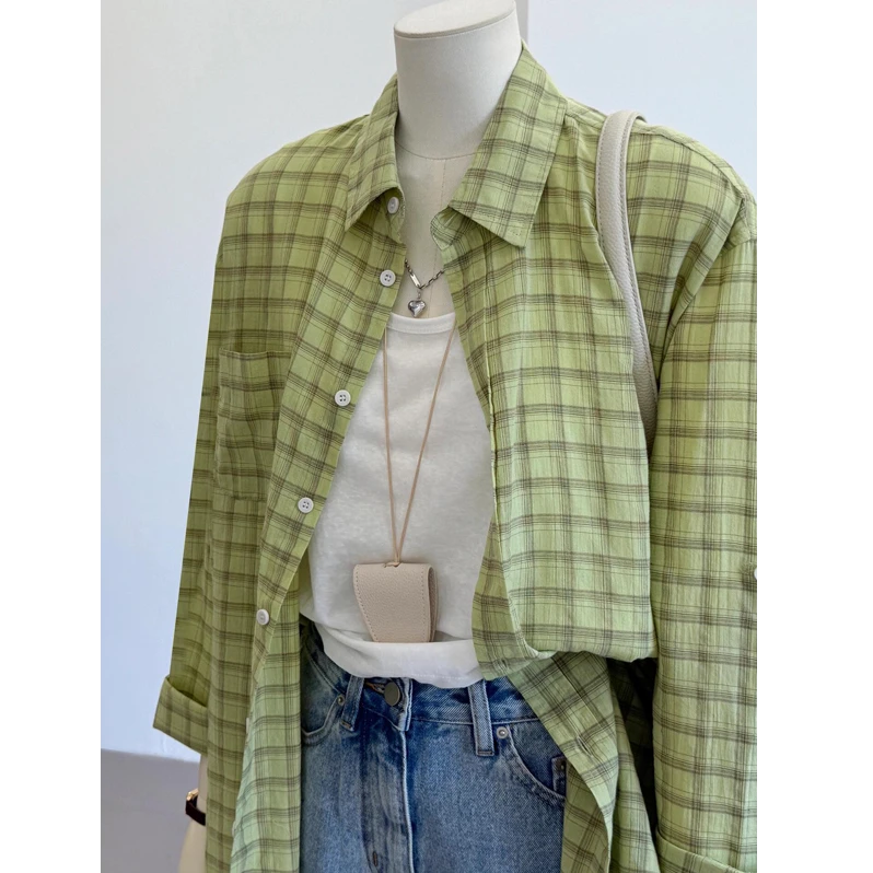 绿色格纹宽松慵懒风POLO领衬衫女2025夏季单排扣衬衣开衫防晒外套
