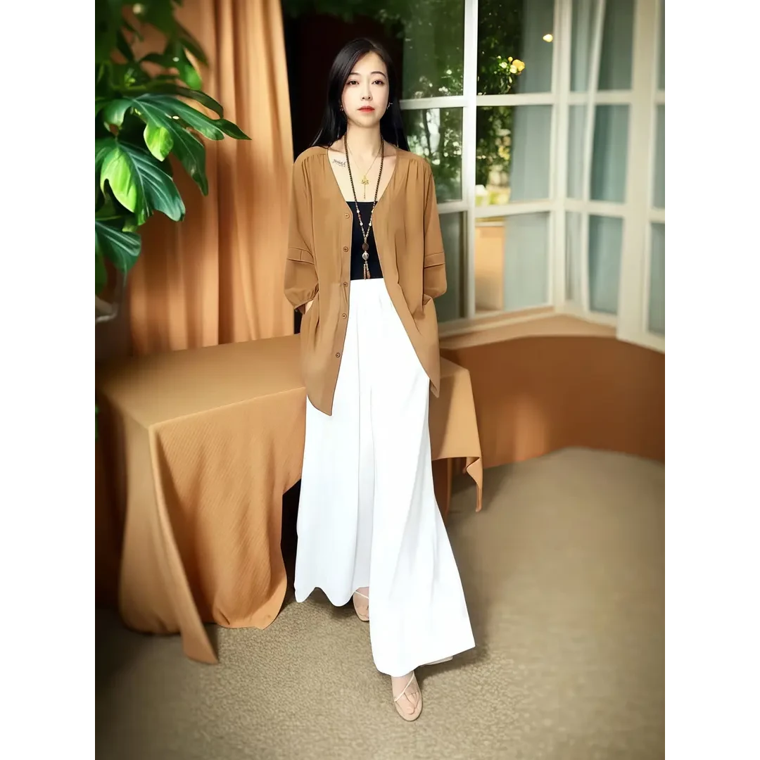 薄款防晒宽松型女神宽松长袖轻熟开衫气质洋气衬衫6862（棕色）