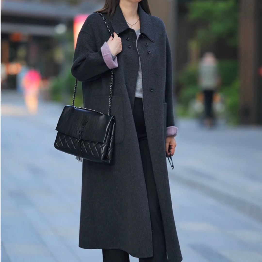 容姐姐-25008/新款两面穿撞色宽松长款双面手缝羊毛大衣