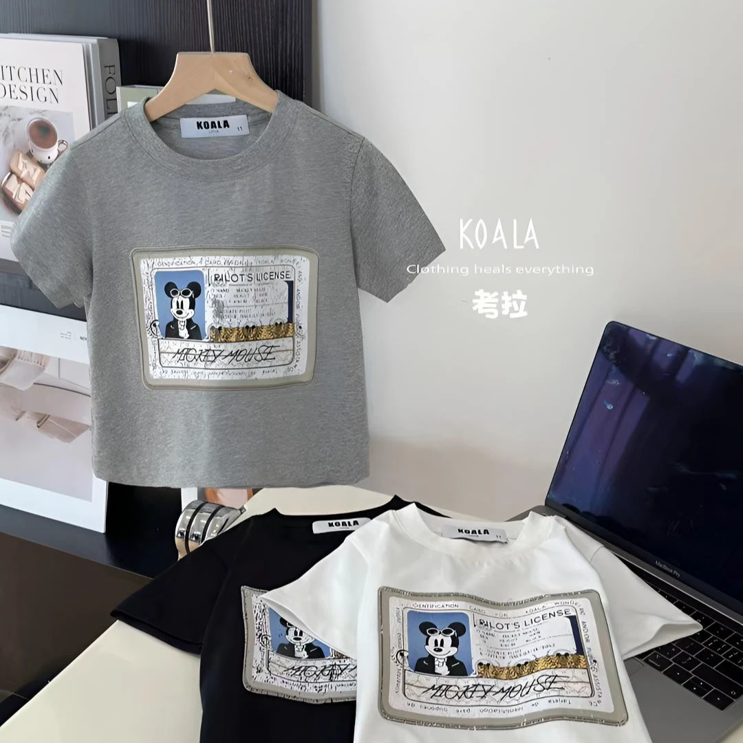 飞行卡通Vintage水洗做旧女童纯棉T