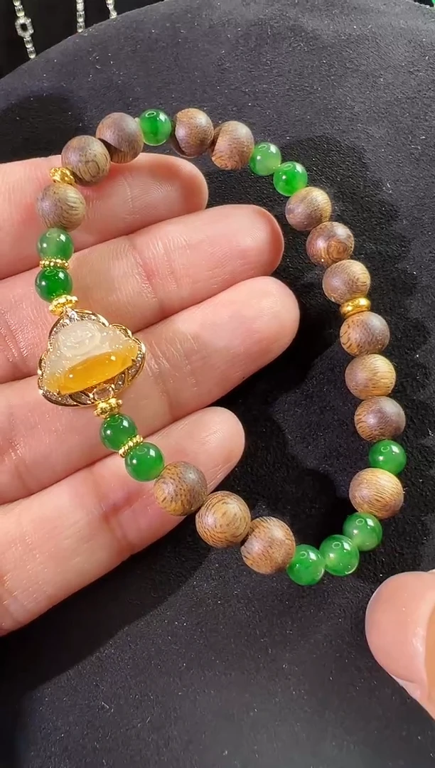 18K金镶嵌手链翡翠高冰黄翡设计款手串