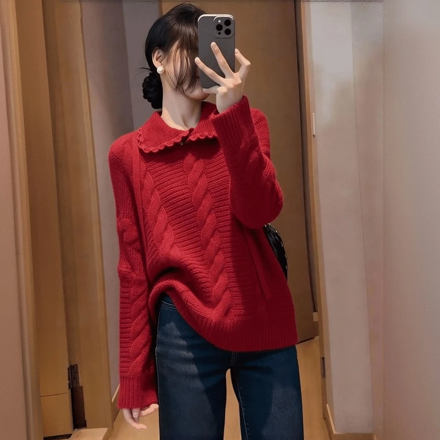 潮流时尚百搭休闲随性通勤风红色上衣女2026冬本命年翻领提花毛衣