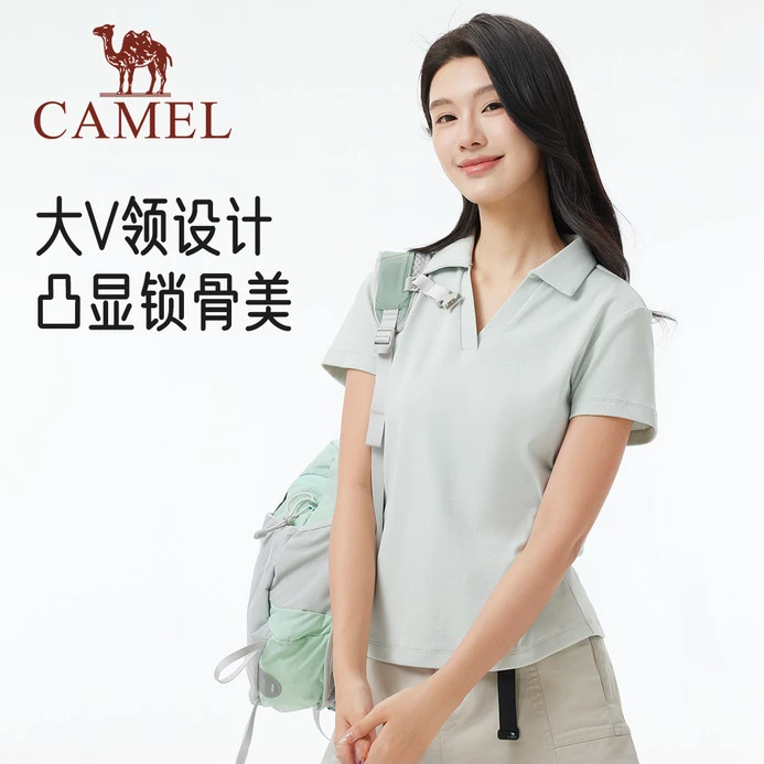 骆驼短袖T恤女25春夏新款显瘦高弹透气V领休闲运动polo衫上衣1057