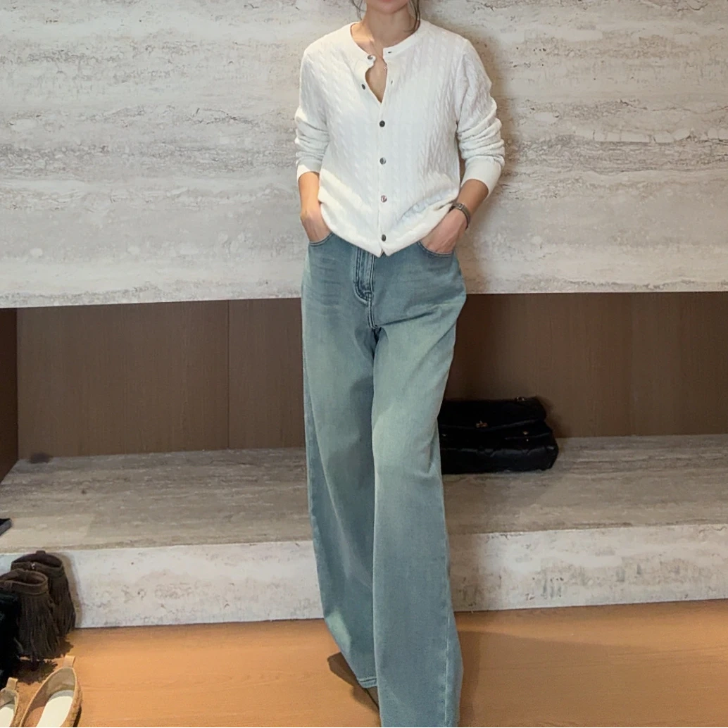 TANTAN 时尚宽松舒适秋冬阔腿浅色牛仔裤3504