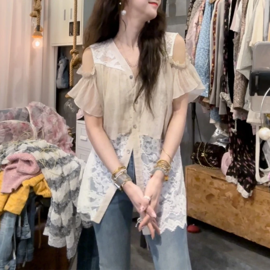 定制款法式欧若风蕾丝拼接露肩亮丝荷叶边衬衫女9747