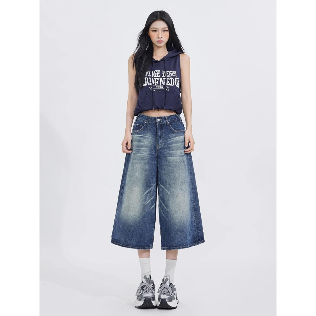 2025春夏新款复古休闲松弛感宽松阔腿中裤百搭垂感慵懒七分牛仔裤