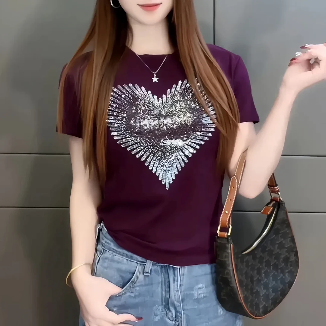 2025早春新款设计爱心烫钻短袖t恤女显瘦百搭上衣夏装圆领打底衫