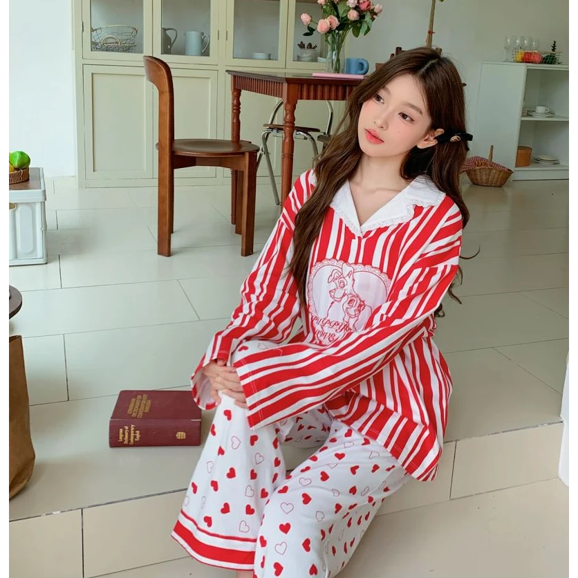 爱心红条纹小狗睡衣甜美可爱宽松舒适棉质可外穿家居服 ZXZ456