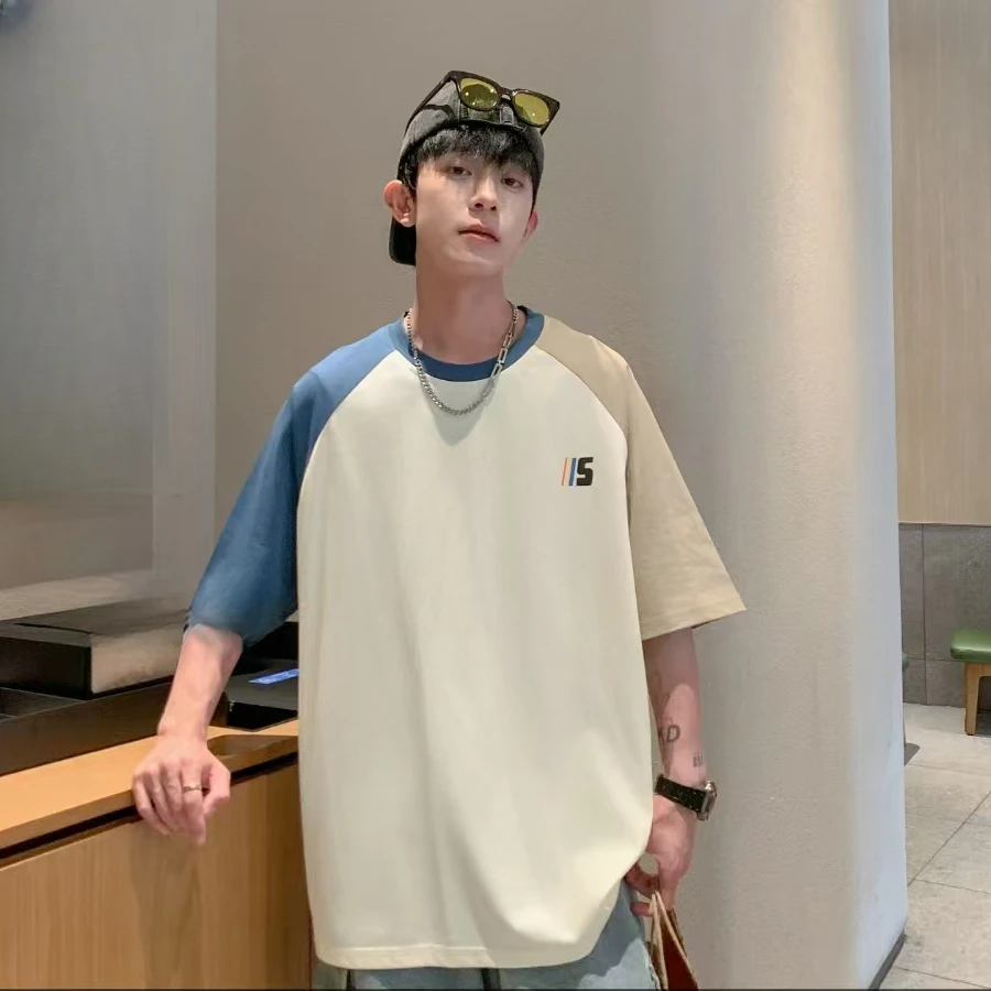 青少年大版短袖T恤拼色插肩袖休闲宽松