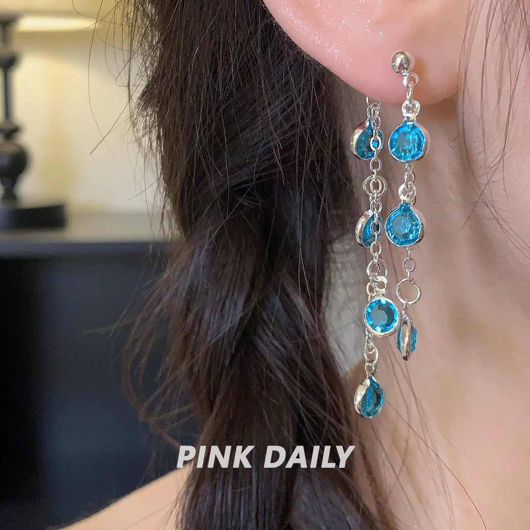 合金耳饰 Pink Daily葡萄串流苏后挂式耳坠女蓝色锆石耳钉925银针
