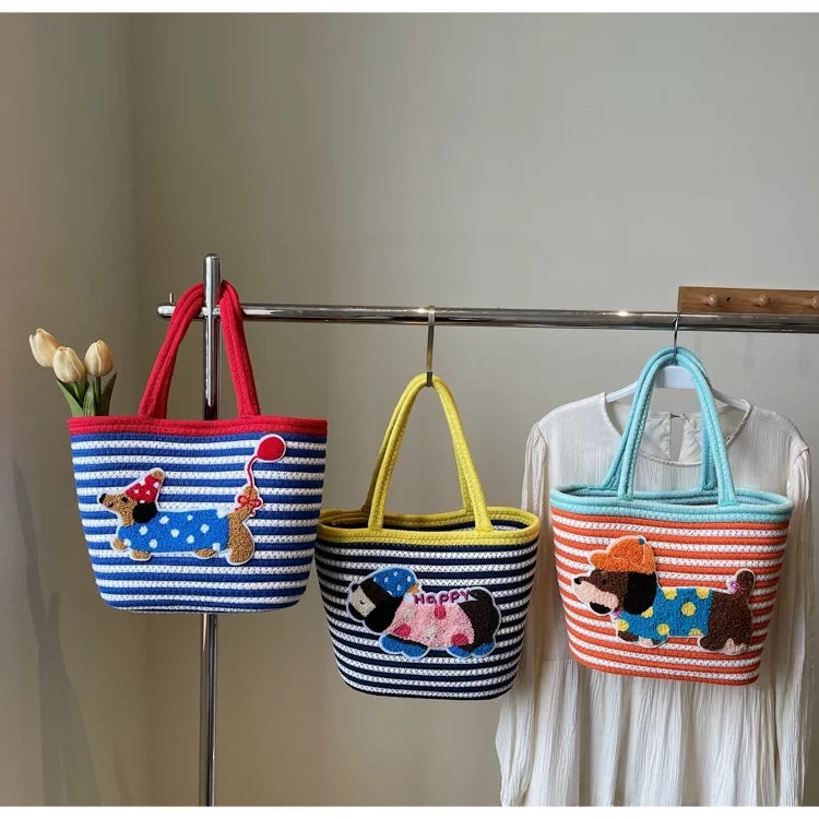 庄子然 编织腊肠狗菜篮大容量条纹托特手提通勤拎包收纳包