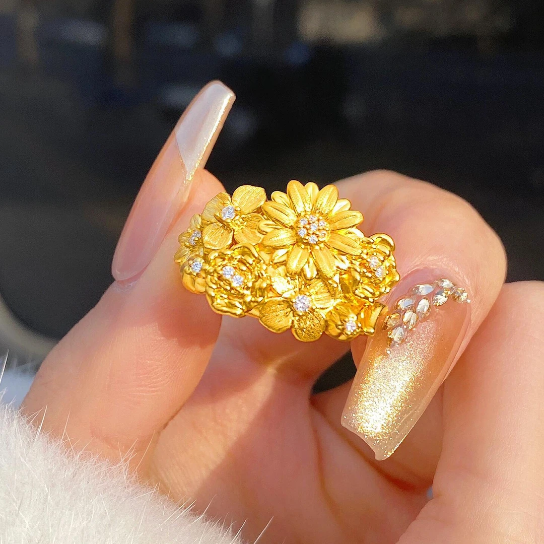 铜合金戒指 新中式古法鎏金錾刻点钻立体精致轻奢【繁花锦簇戒指】