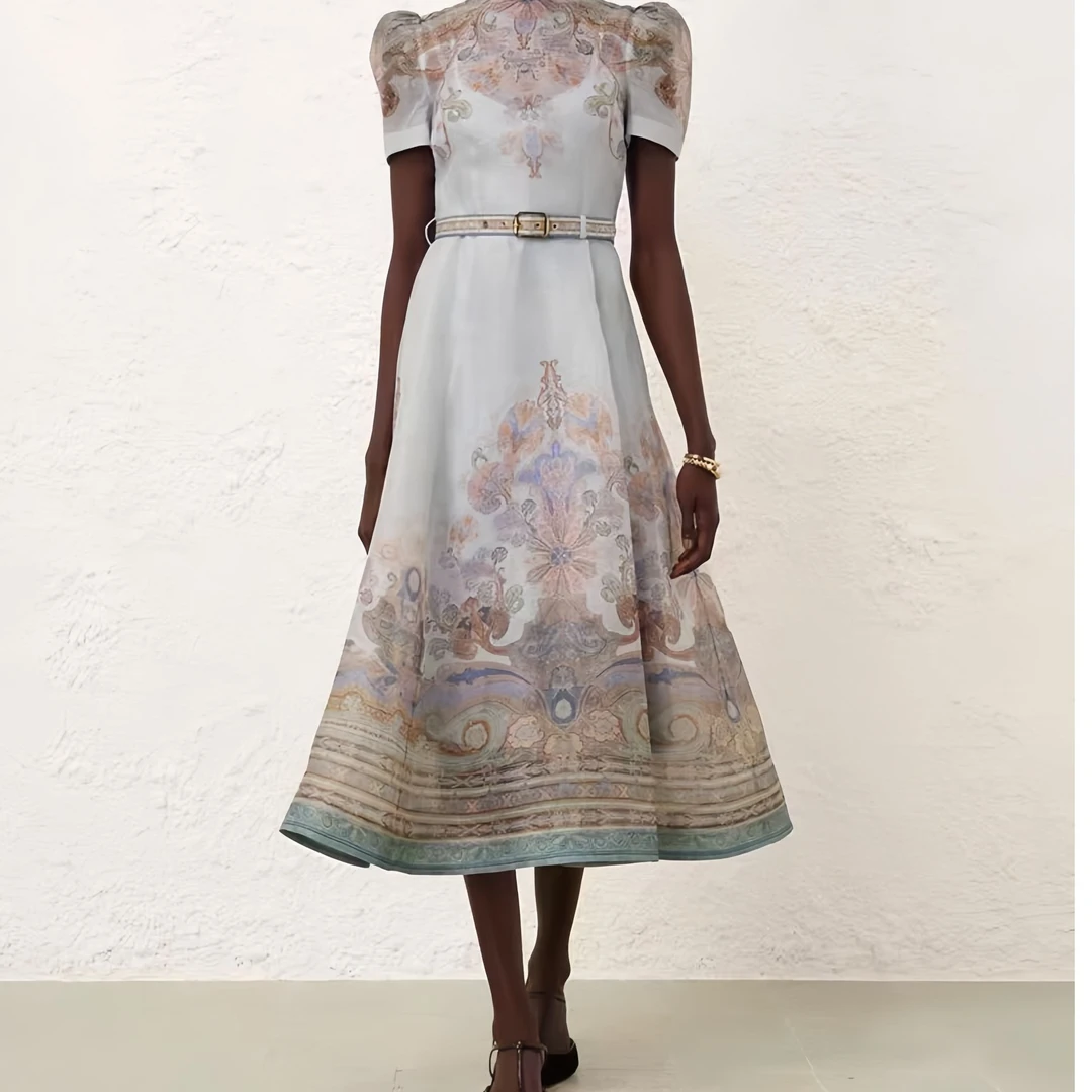 新款丝麻小立领束腰短袖长款连衣裙印花时尚气质优雅名媛收腰显瘦