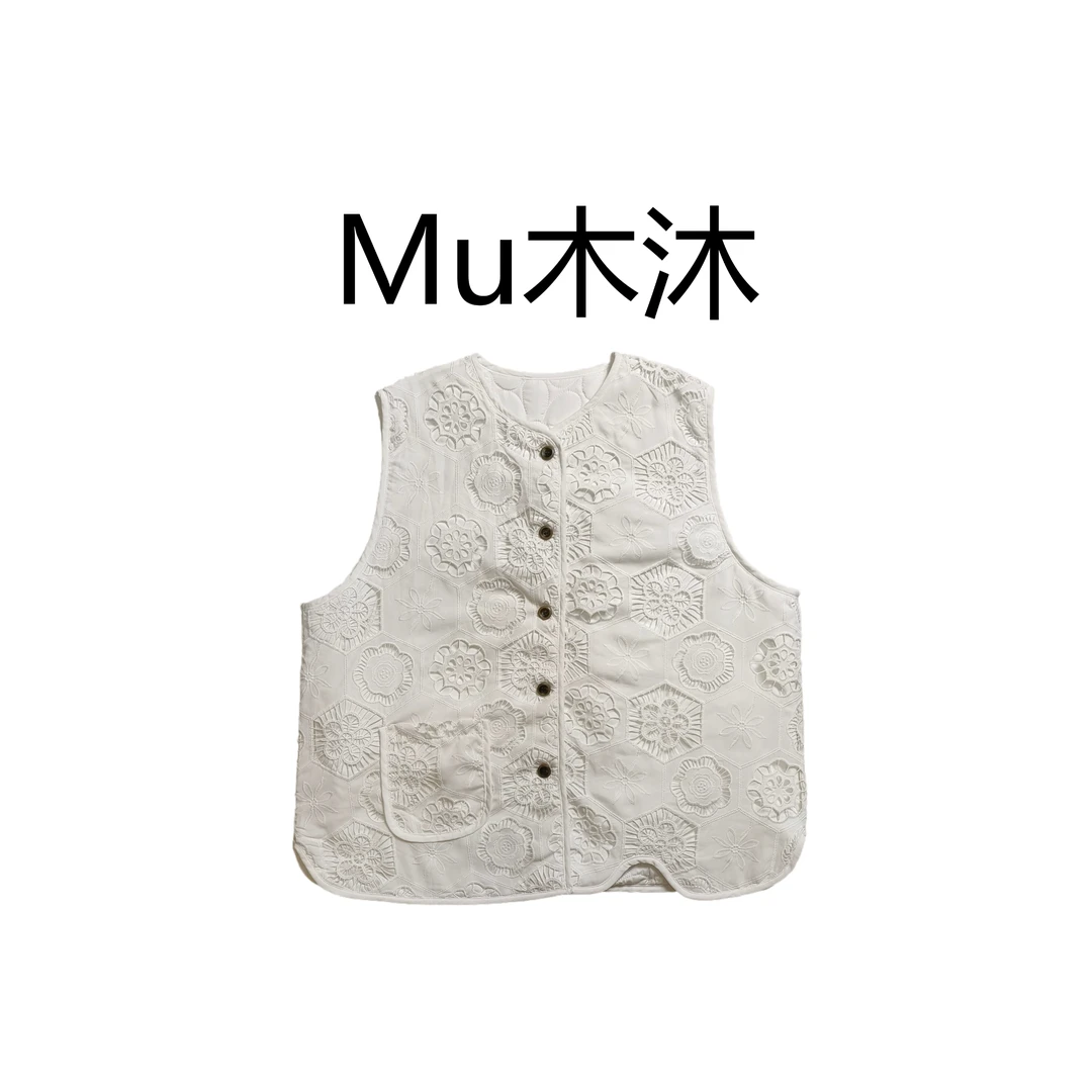 Mu木沐♠新品V领纽扣镂空提花薄棉马甲