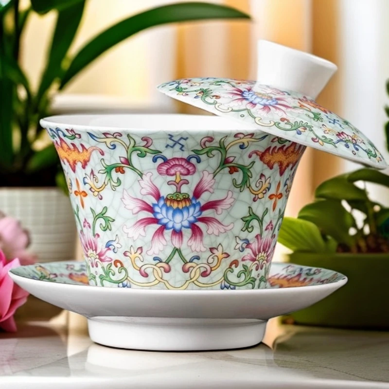 珐琅彩-青色三才盖碗喝茶表演视频泡茶侘寂风器具茶艺师茶具1080