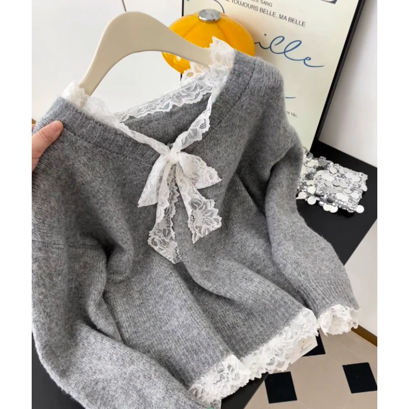 【现货】蕾丝蝴蝶结拼接宽松长袖毛衣秋冬新款慵懒风甜美针织衫上衣