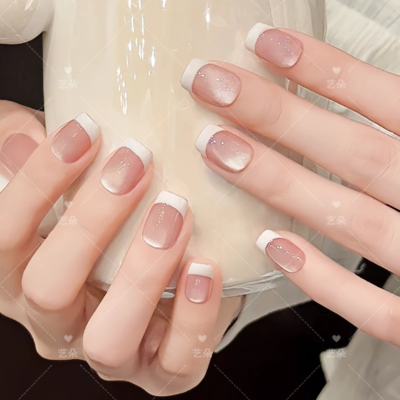 【月牙白】手工穿戴甲美甲片纯白法式短款中长款指甲油胶甲片带猫眼