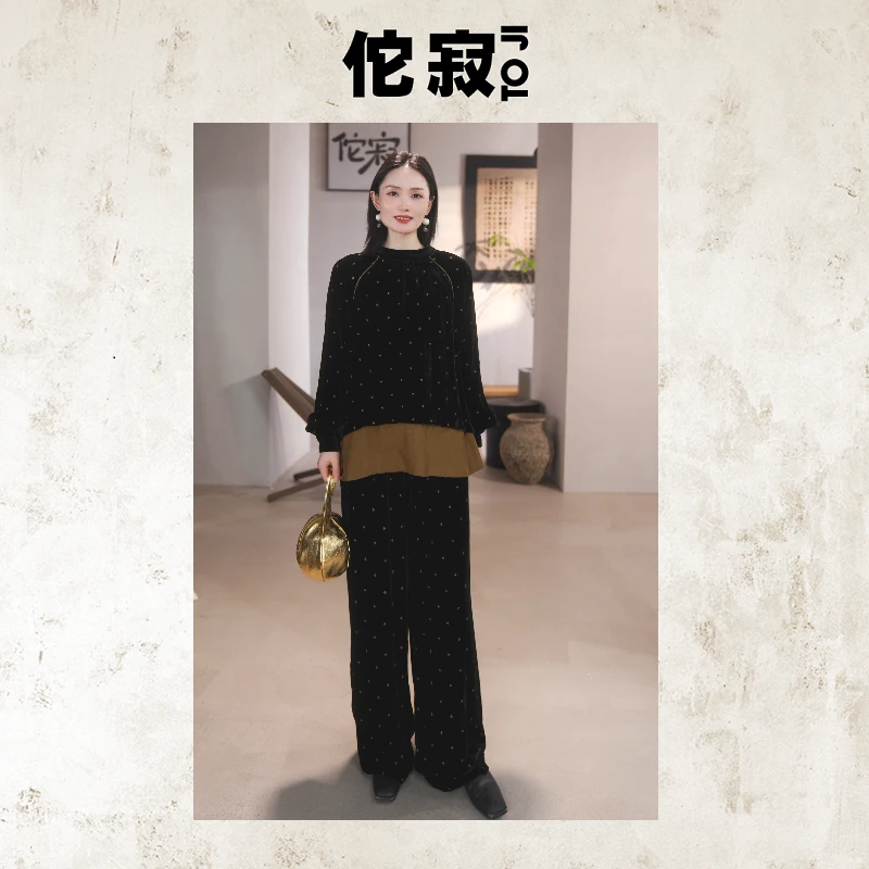 TOJI佗寂秋季新款时尚长袖新中式黑丝绒绣花上衣TWO3E663