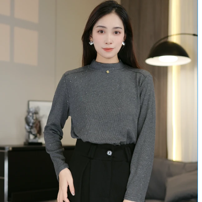常规半高领烫钻T恤女士针织简约内搭时尚长袖中领百搭保暖77003